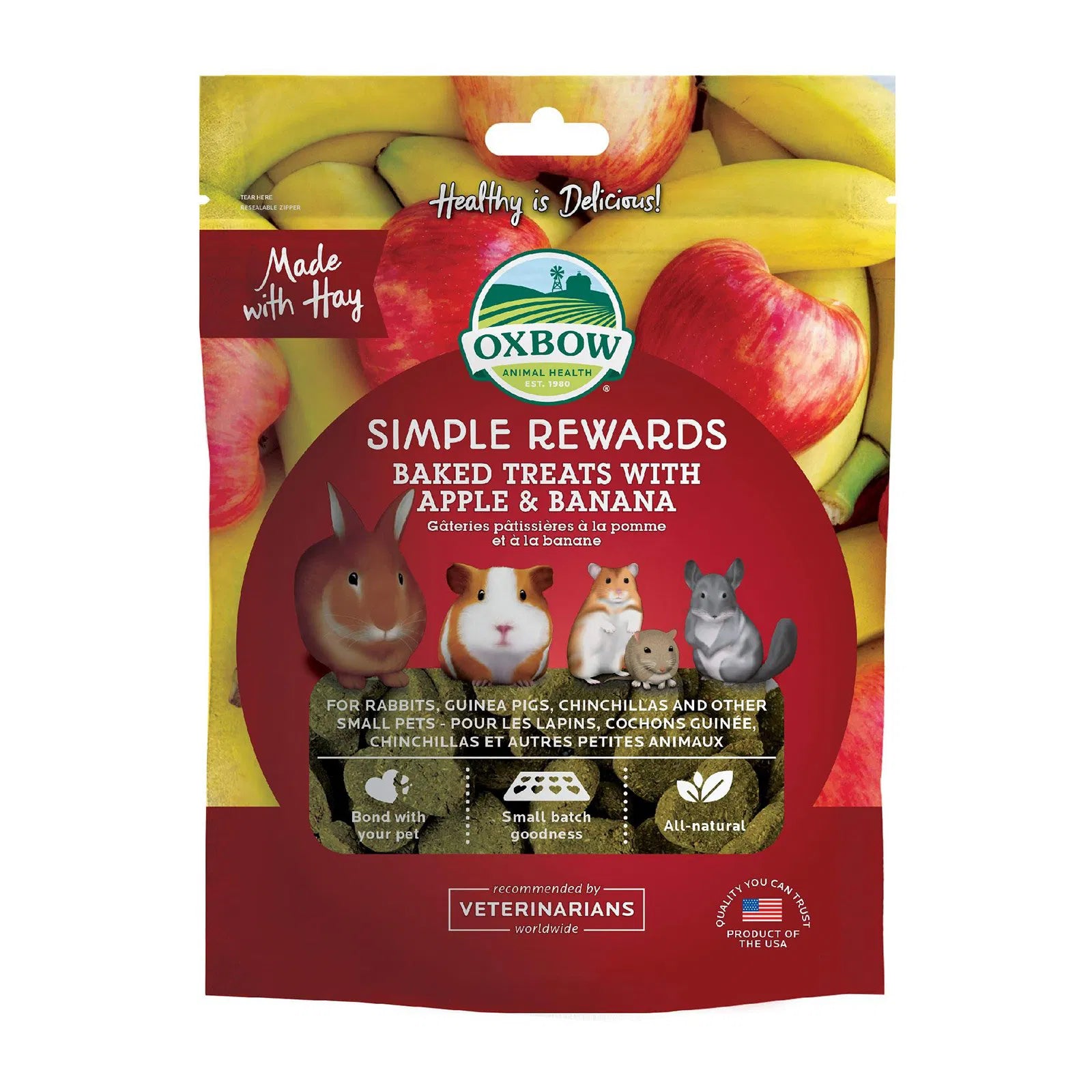 Oxbow Simple Rewards baked treats packaging with apples and bananas on a white background at Pet Servo