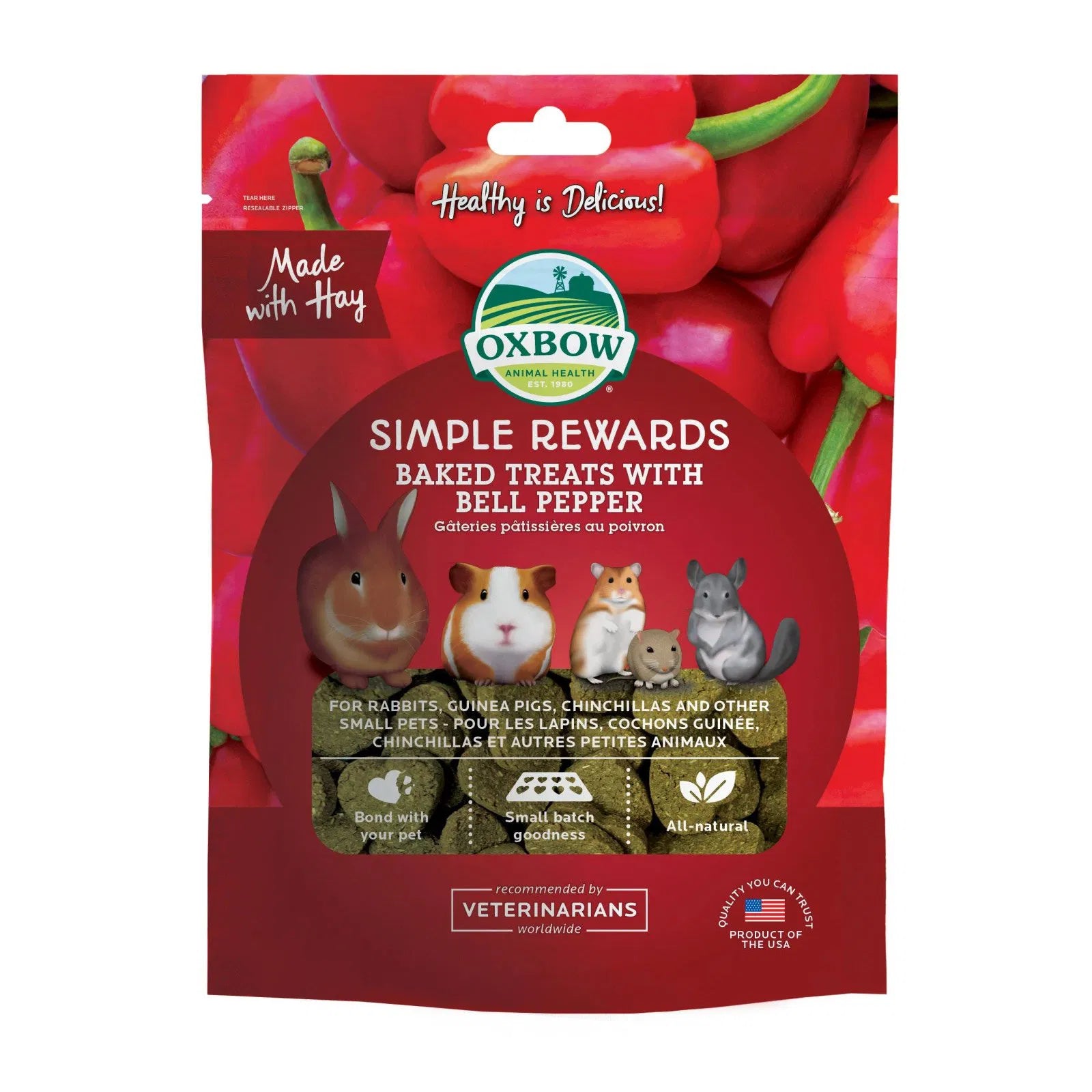 Oxbow Simple Rewards baked treats packaging with bell peppers on a red background at Pet Servo