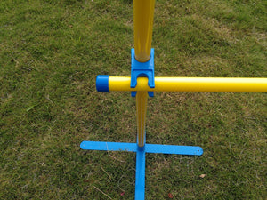 Yellow and blue playground equipment on grass at Pet Servo