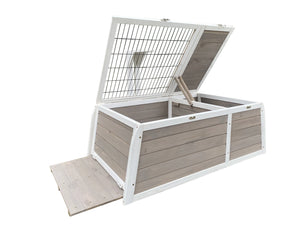 A wooden storage crate or bin with a hinged lid, shown open on a white background. The crate has light gray wood-grain panels and a white metal frame, with a small ramp leading up to the open lid at Pet Servo