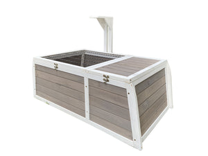 Wooden storage bench with white frame on a white background at Pet Servo