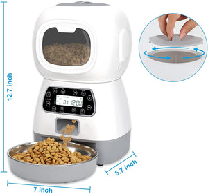 Pet food dispenser with digital display, measuring dimensions, and a bowl of kibble at Pet Servo