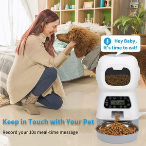 Woman petting a dog next to a pet feeding machine in a home setting at Pet Servo