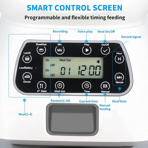 Digital control panel with smart control screen for programmable timing feeding, featuring various buttons and indicators at Pet Servo