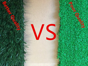 Two pieces of artificial grass labeled 'Better Quality' and 'Poor Quality' on a white background at Pet Servo