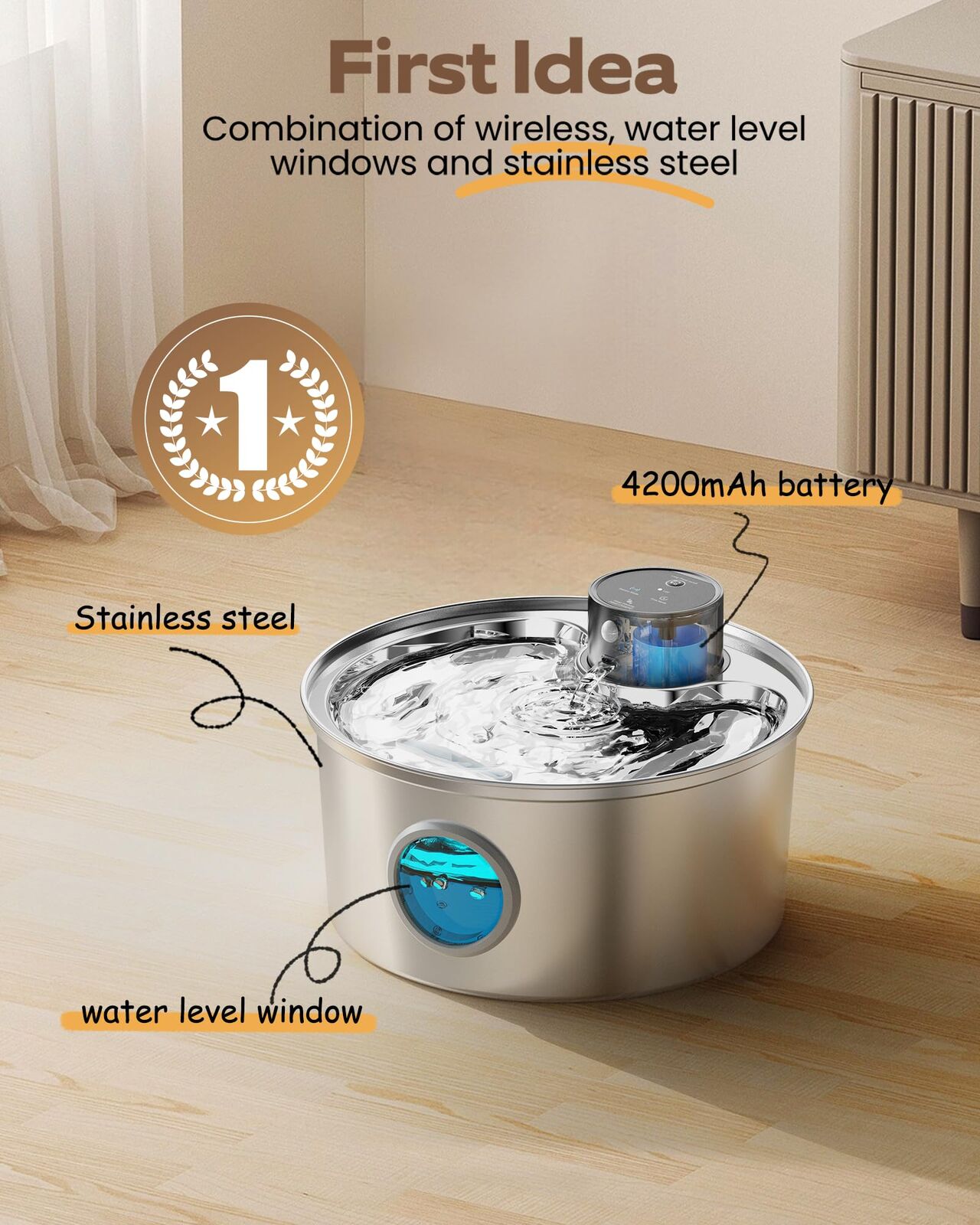 Stainless steel pet water fountain with features highlighted on a wooden floor at Pet Servo