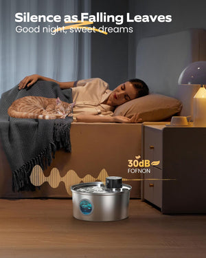 Person lying in bed with a cat, next to a white noise machine labeled '30dB FOFN', with text 'Silence as Falling Leaves' and 'Good night, sweet dreams' at Pet Servo
