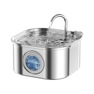 Stainless steel pet water fountain on a white background at Pet Servo