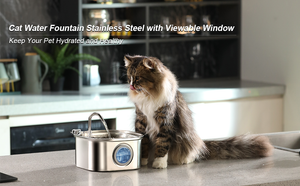 Cat sitting next to a stainless steel water fountain with a viewable window on a kitchen counter at Pet Servo