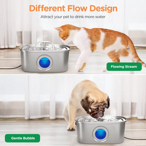 Pet water fountain with two cats using it, one with a flowing stream and the other with gentle bubble design at Pet Servo
