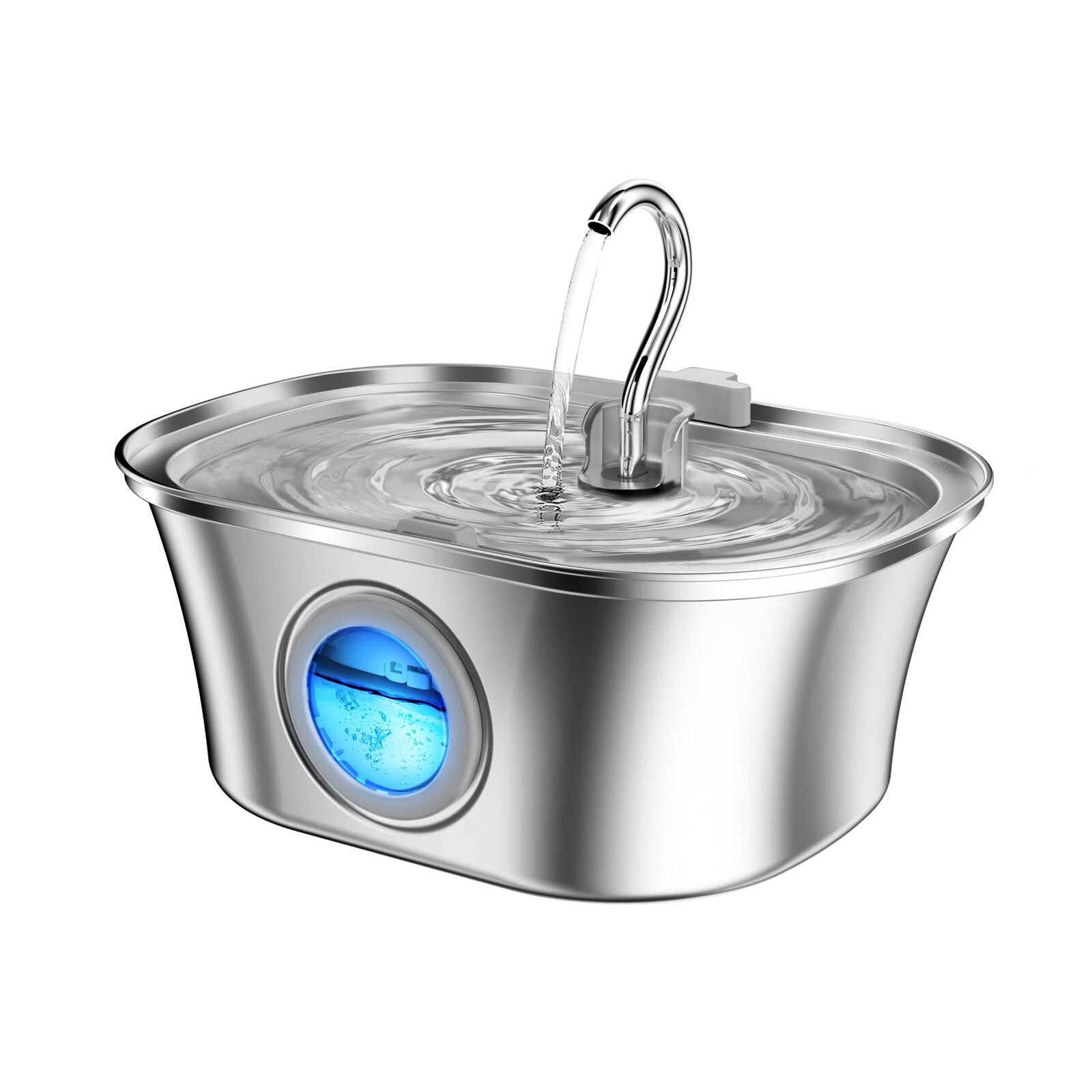 Stainless steel pet water fountain with blue light on a white background at Pet Servo