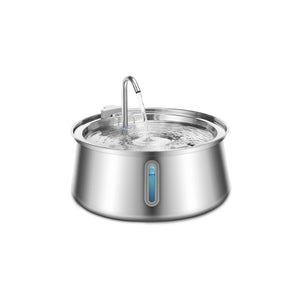 Stainless steel pet water fountain on a white background at Pet Servo