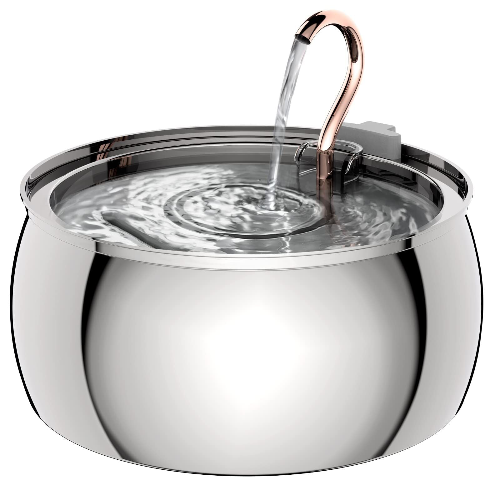Stainless steel pet water fountain with rose gold spout on a white background at Pet Servo