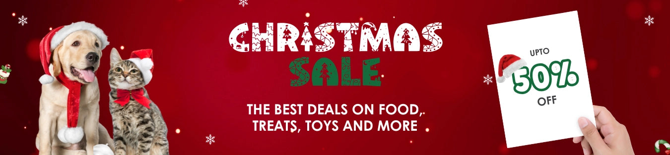 Christmas Sale Page Banner Upto 50% off at Food, Treats, Toys and More - Pet Servo