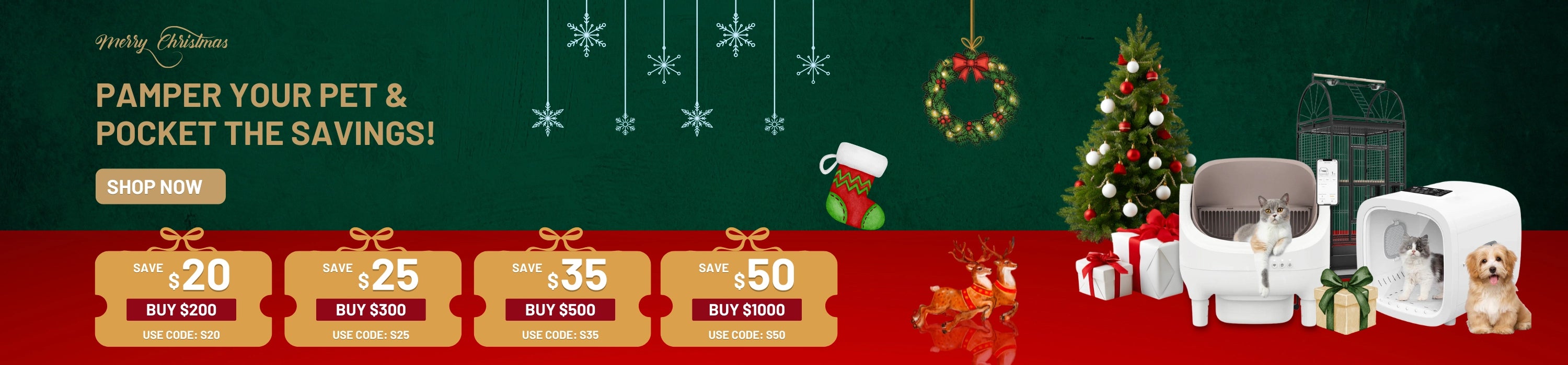 Promotional banner for pet care products with a green background and festive decorations.