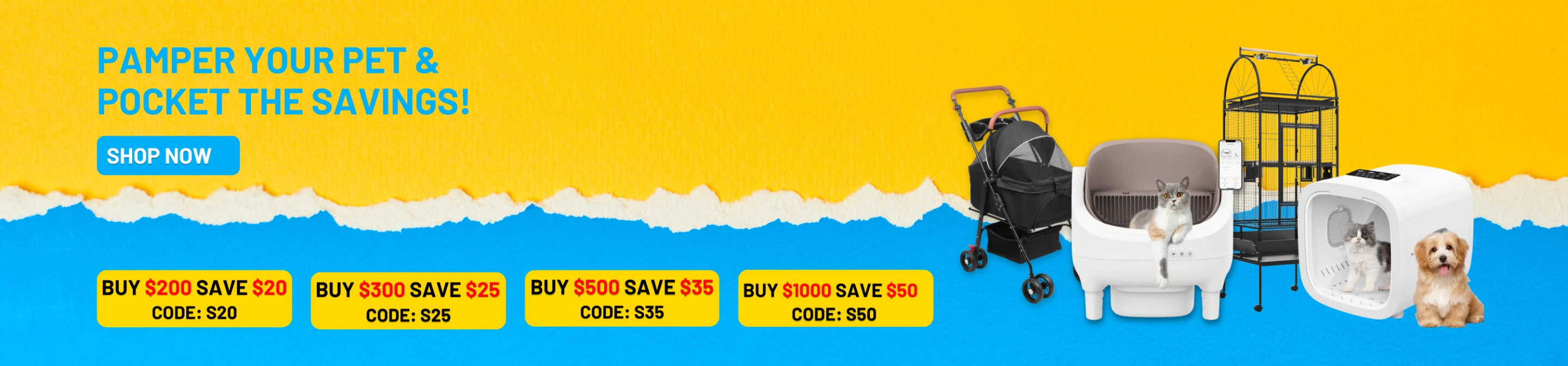 Pet care products with promotional text on a yellow and blue background