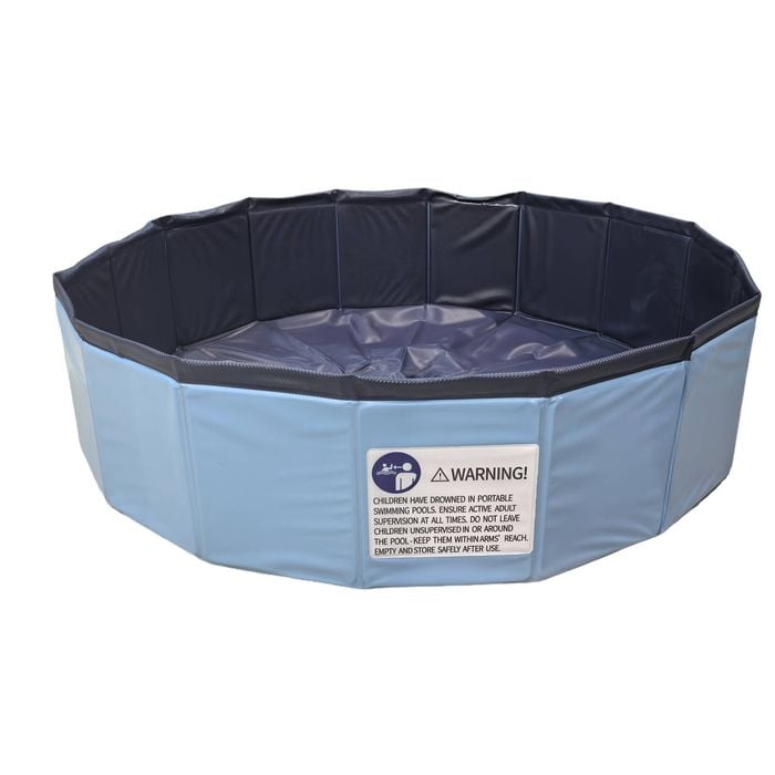 Foldable pet pool with blue interior and black exterior on a white background at Pet Servo