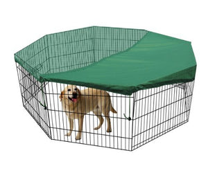 Dog standing inside a hexagonal wire crate with a green cover on a white background at Pet Servo