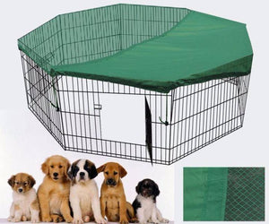 Hexagonal pet playpen with green cover and puppies in front at Pet Servo