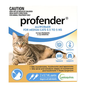 Front of a Profender Allwormer cat worming product box, showing a tabby cat photo, product text, and treatment icons on a white background at Pet Servo