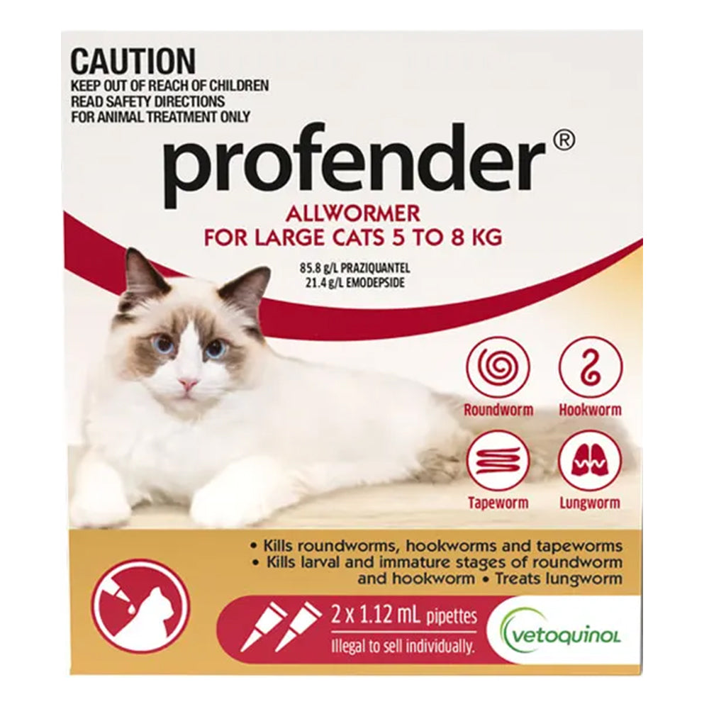 Vetquinol Profender Allwormer treatment box for large cats weighing 5 to 8 kg, featuring a white and beige background with a photo of a cat, red and gold accents, and product icons at Pet Servo