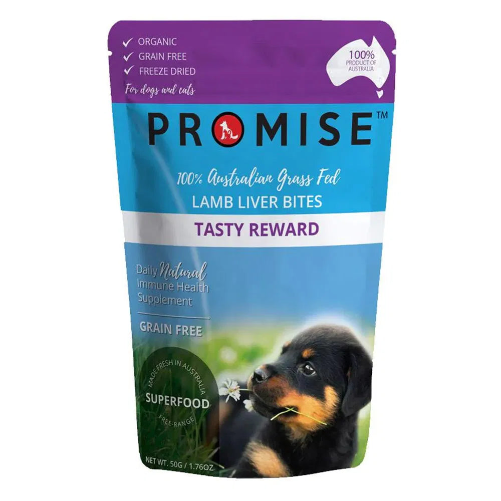 Package of Promise Lamb Liver Bites for dogs and cats on a white background at Pet Servo
