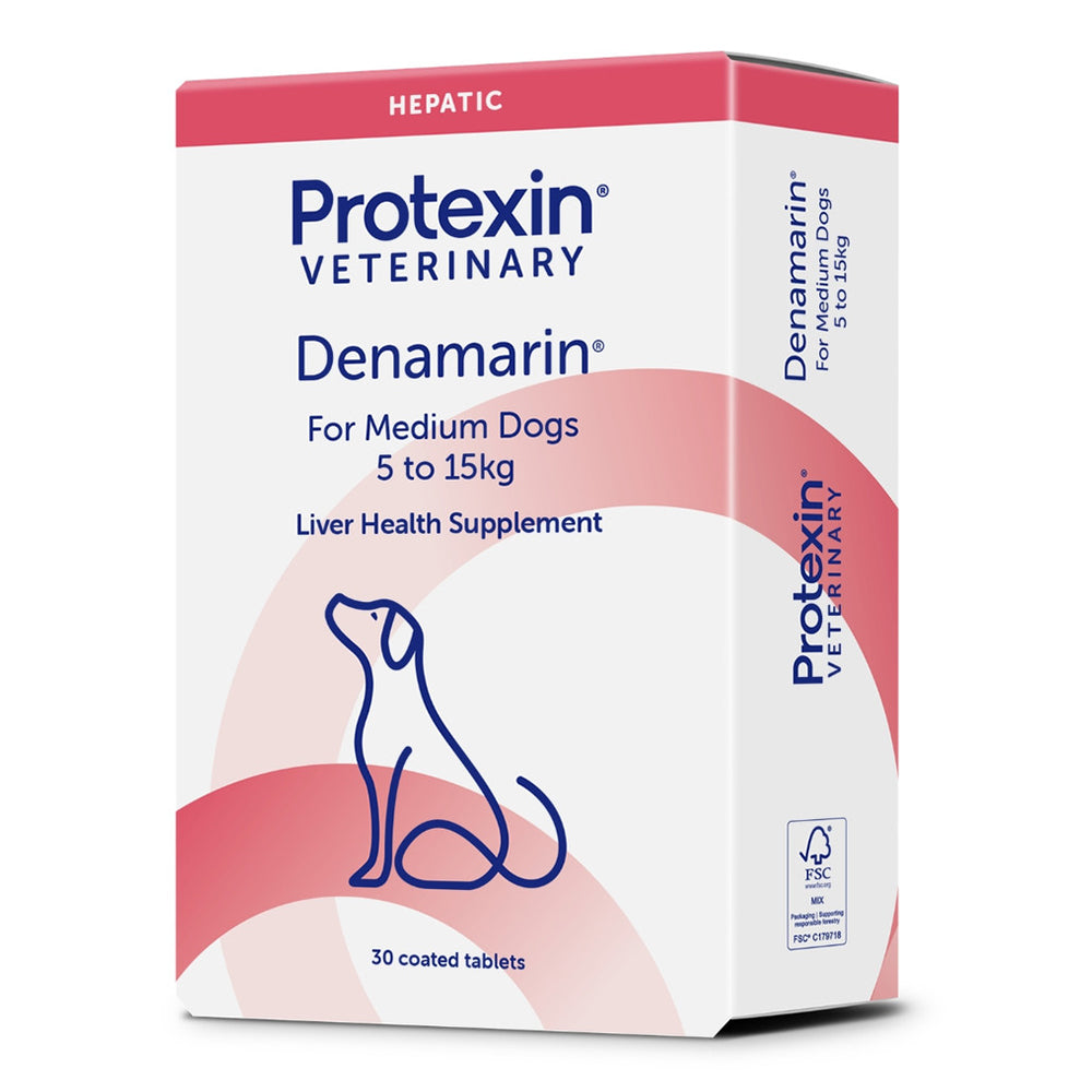 A box of Protexin Veterinary Denamarin liver health supplement for medium dogs 5 to 15kg, featuring a white and pink design with a blue dog silhouette at Pet Servo