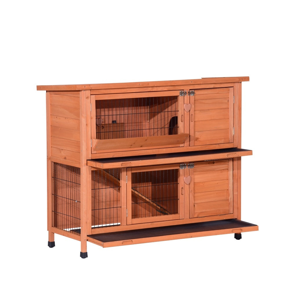 Wooden pet hutch with two levels on a white background at Pet Servo