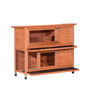 Wooden pet hutch with two levels on a white background at Pet Servo