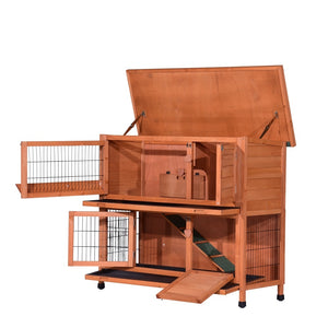 Wooden pet hutch with multiple compartments on a white background at Pet Servo