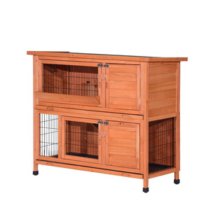 Wooden pet hutch with two levels on a white background at Pet Servo