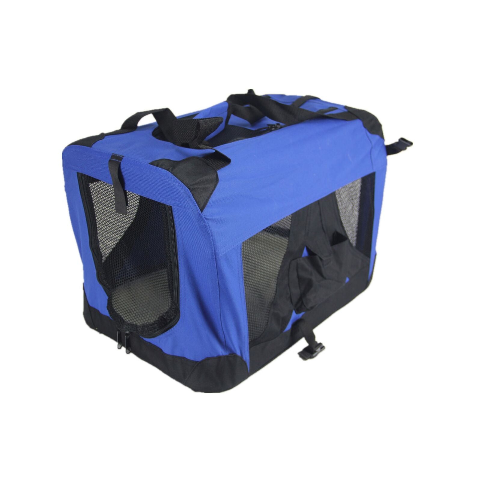 Blue pet carrier with black mesh sides on a white background at Pet Servo