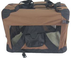 Brown and gray pet carrier with mesh sides on a white background at Pet Servo