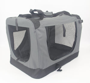 Gray pet carrier with black mesh sides on a white background at Pet Servo