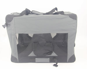 Gray pet carrier with mesh sides on a white background at Pet Servo