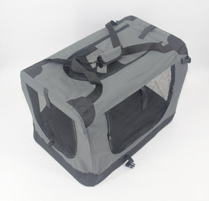 Gray pet carrier with mesh sides on a white background at Pet Servo