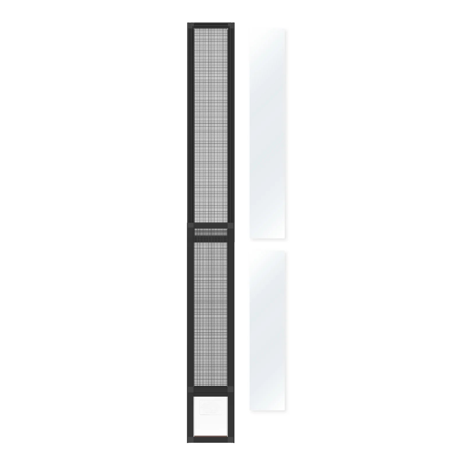 Tall vertical radiator with black frame and mesh design on a white background
