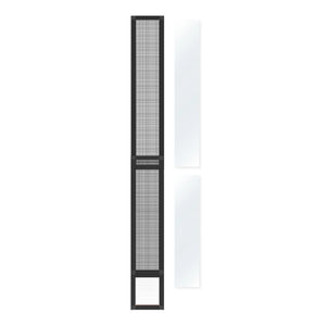 Tall vertical radiator with black frame and mesh design on a white background