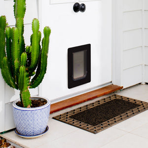Cactus plant next to a pet door on a white door with a doormat below at Pet Servo