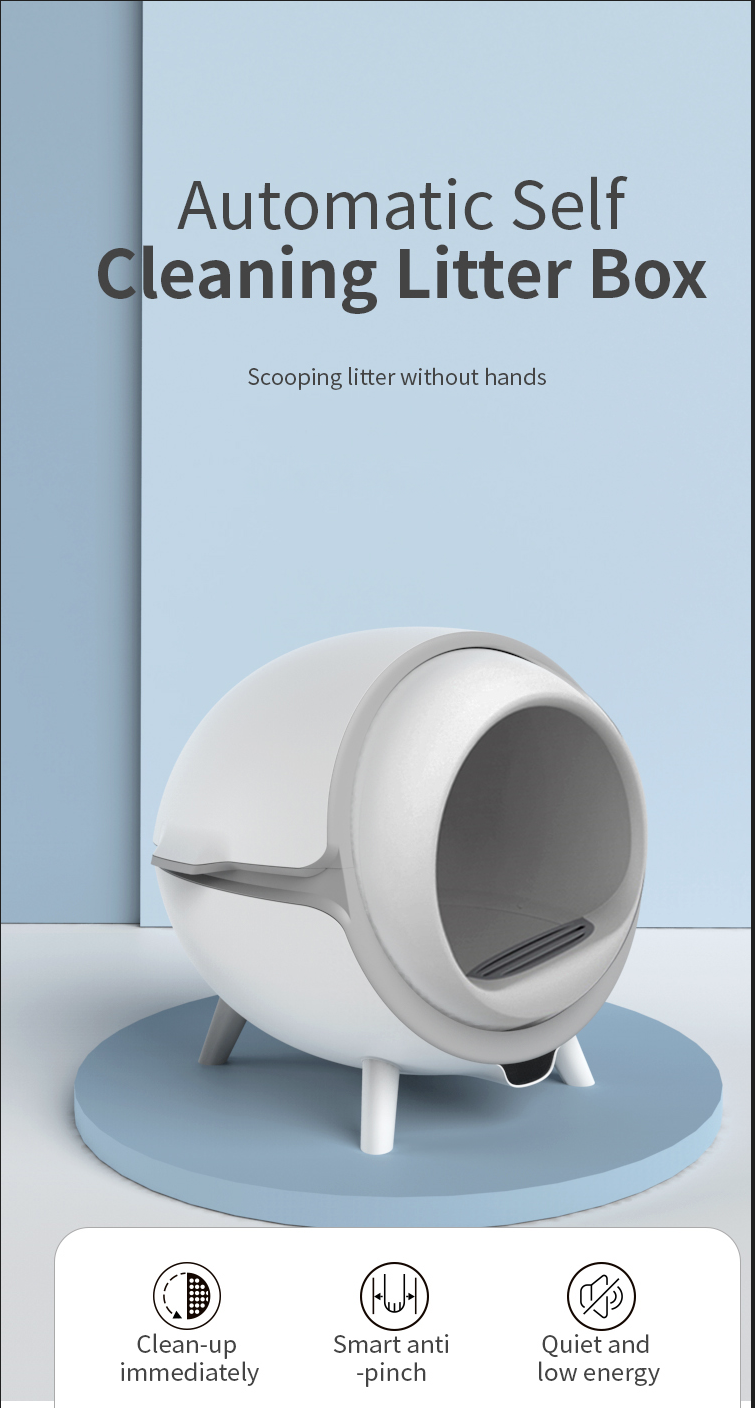 Automatic self-cleaning litter box with text on a light blue background at Pet Servo