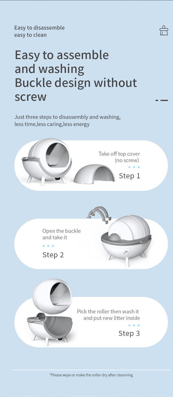 Instructions for disassembling and cleaning a product with step-by-step illustrations on a light blue background at Pet Servo