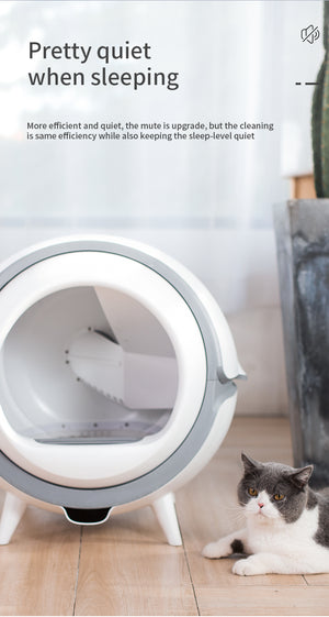 Robot vacuum cleaner with a cat sitting nearby, emphasizing quiet operation at Pet Servo