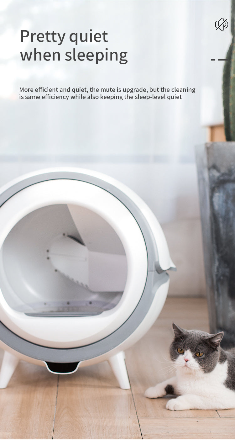 Robot vacuum cleaner with a cat sitting nearby, emphasizing quiet operation at Pet Servo