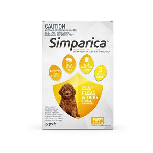 Buy Simparica Chewables 5MG for Puppies 1.3-2.5KG (YELLOW) at Petservo