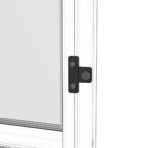 Close-up of a black door hinge on a white background