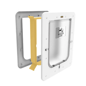 Pet door with a gold handle on a white background