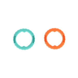 Two hair ties, one green and one orange, on a white background at Pet Servo