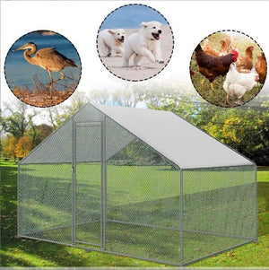 Large outdoor chicken coop with inset images of a heron, dogs, and chickens at Pet Servo