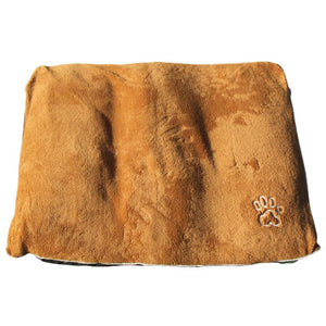 Brown pet bed with a paw print logo on a white background at Pet Servo