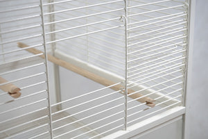 White birdcage with wooden perches on a white background at Pet Servo